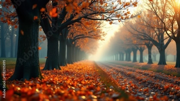 Fototapeta Tree-lined path covered with autumn leaves in morning light and soft mist	