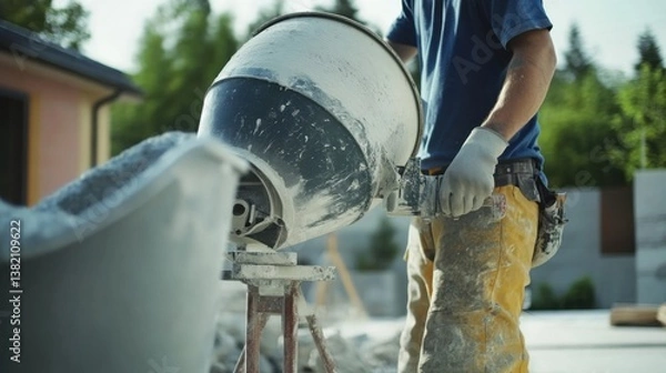 Fototapeta A construction worker using a cement mixer at a building site. Featuring efficiency and focus