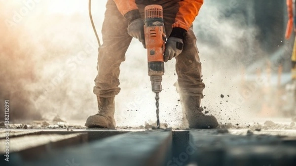 Obraz A construction worker using a pneumatic drill to break concrete at a construction site. Featuring power and skill