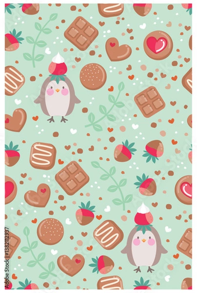 Fototapeta Scrapbook, fundo, patterns, padrão de repetição, estampa, frutas, morango, corações, dia dos namorados, flores, valentine's, patterns, chocolate, doceria, confeitaria