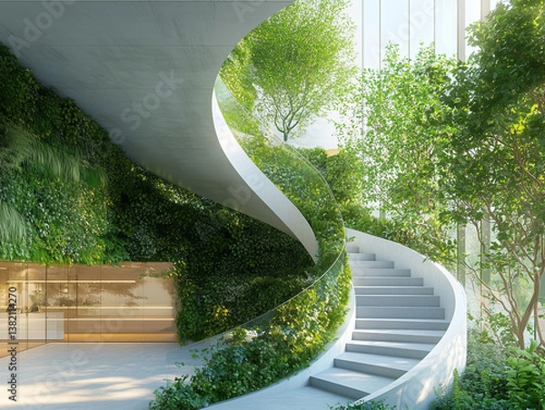 Fototapeta Sustainable architecture with biophilic design concept of interaction between humans and nature. Curved staircase with indoor plants and shrubs for natural cohabitation