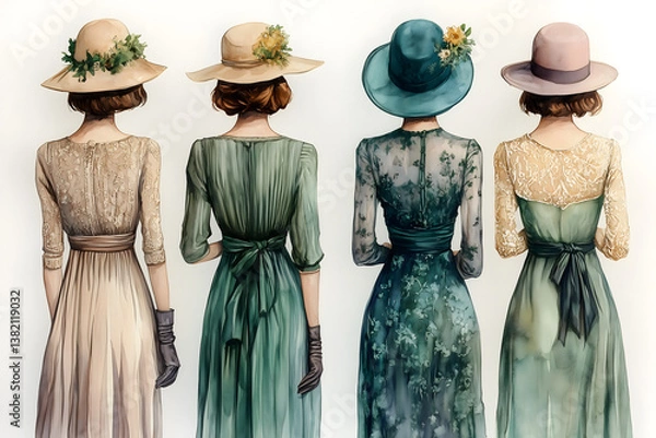 Obraz Elegant Ensemble: A group of four women, viewed from the back, display the elegant attire, from flowing dresses to adorned hats, evoking a sense of vintage charm and timeless sophistication. 