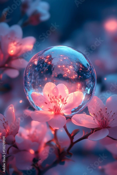 Obraz Floral Orb: A stunning composition, capturing the delicate beauty of cherry blossom encased within a shimmering glass orb, reflecting a soft, dreamlike glow and creating an ethereal, enchanting scene.