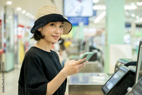 Fototapeta スマホ決済をする女性 Generative AI