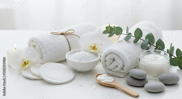 Fototapeta Serene Spa Still Life: White Towels, Orchids, and Cleansing Products on White Background
