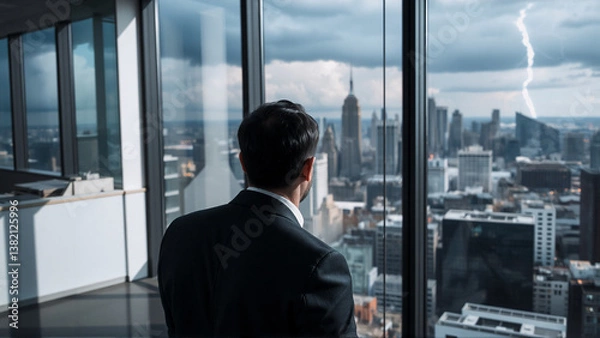 Obraz A person in formal attire gazes at a cityscape through a window, a storm visible with lightning striking in the distance. The person is focused on the city's skyscrapers.