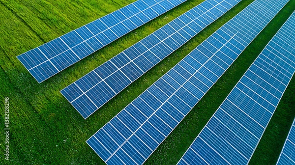 Fototapeta Solar energy production open field aerial view green environment renewable technology