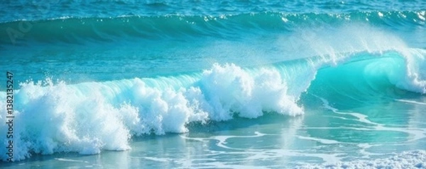 Fototapeta Azure ocean waves with foam and turquoise water, gentle movement, texture, blue, ocean