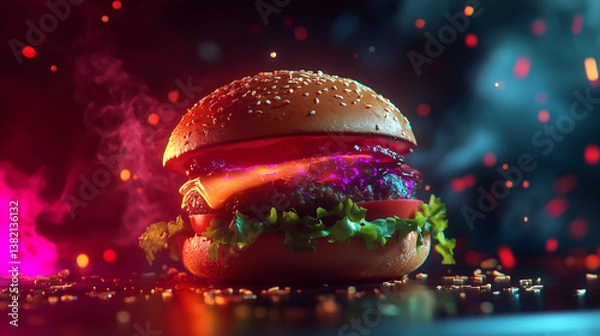 Obraz Burger with futuristic neon cyberpunk concept. Sci-fi food plating. Professional food styling idea with dynamic composition. 
