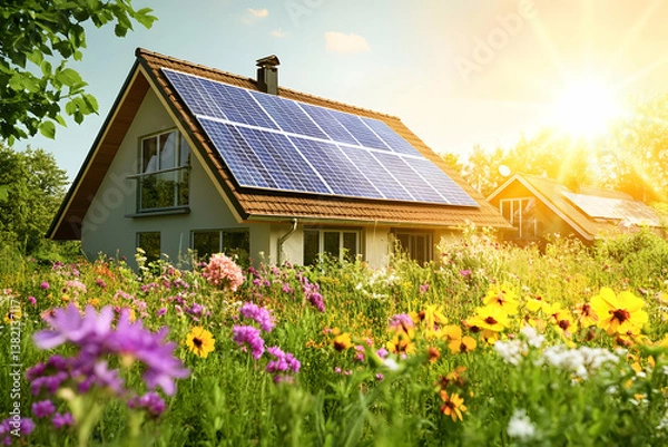 Fototapeta 
A modern house with solar panels on the roof, surrounded by lush green grass and colorful flowers in front of it. The sun is shining brightly overhead, casting warm light over everything.