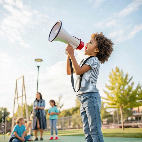 Fototapeta Motivation durch das Megafon: Ein Kind ermutigt die Welt
