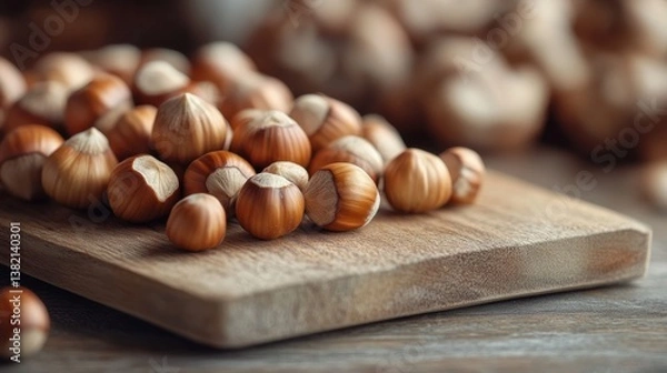 Obraz A natural, organic still life of hazelnuts resting on a wooden cutting board, with a blurred background for depth.