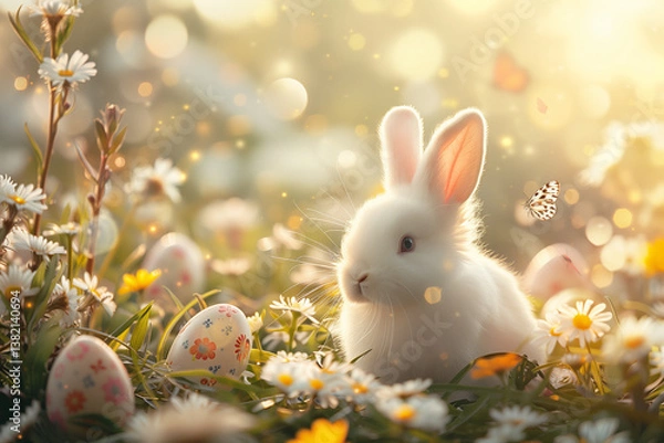 Fototapeta Adorable Easter bunny with colorful eggs and flowers in a magical, softly lit springtime garden. easter bunny and easter eggs