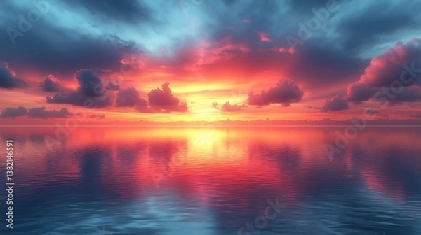 Fototapeta Sunset Symphony: Witness a breathtaking sunset where the sky ignites with a fiery display of red and orange hues, casting a magical reflection upon the calm water surface.