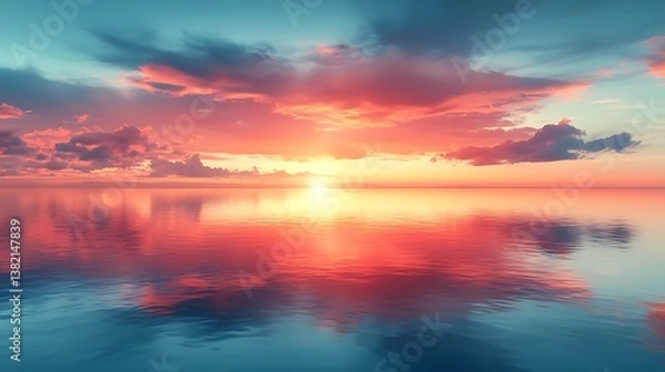 Fototapeta Sunset Serenity: The sky explodes with vibrant colors as the sun dips below the horizon, painting a breathtaking panorama of fiery hues reflected in the tranquil water.