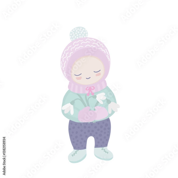Fototapeta Springtime illustration of a boy smiling and holding snowdrops. This kind illustration with cute character child in soft pastel colors. Perfect for creating prints, cards, stickers and more.