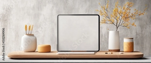 Fototapeta Minimalist workspace featuring a tablet, paintbrushes, and a vase of flowers on a wooden surface against a textured background