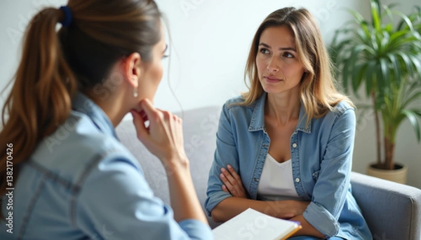 Fototapeta Two women engage in serious conversation while sitting on a couch in a bright room with plants