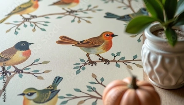Fototapeta Colorful birds perched on branches with decorative elements highlighting natures beauty indoors