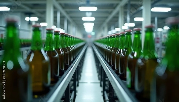 Fototapeta Bottles on a conveyor belt at a manufacturing facility showing the production process of beverages in a modern plant