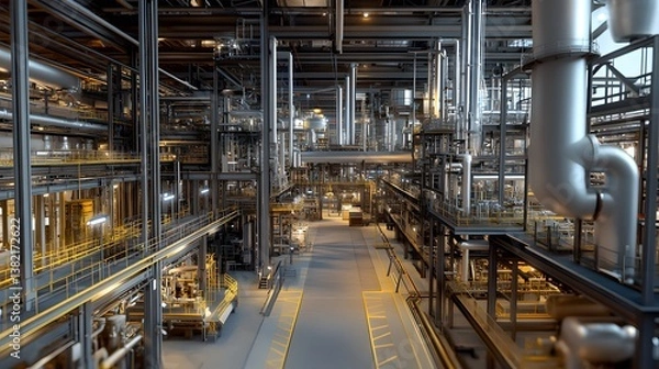 Fototapeta A large industrial building with many pipes and a yellow line on the floor. Scene is industrial and possibly dangerous