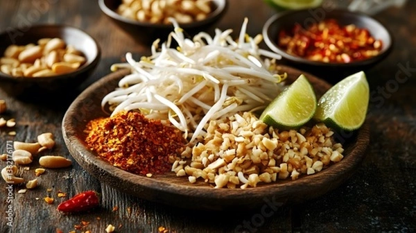 Fototapeta A colorful plate of fresh bean sprouts, lime wedges, crushed peanuts, and spices ready for a delicious culinary experience.