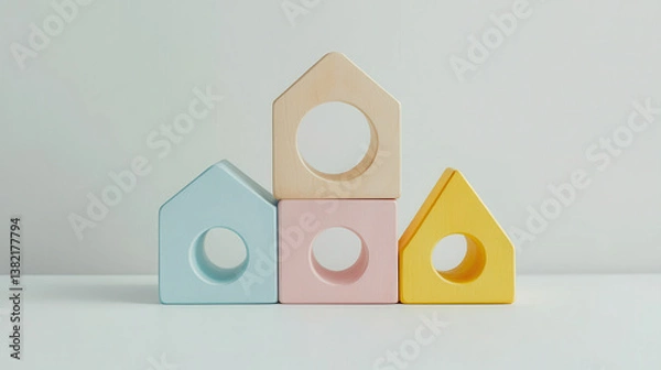 Fototapeta Colorful wooden shape sorter toy in pastel colors, featuring house shaped blocks stacked together. This minimalistic design adds playful touch to any space