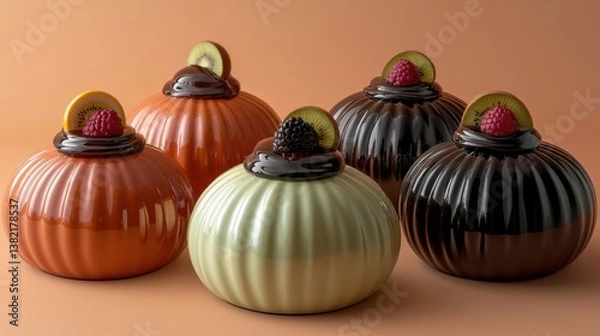 Fototapeta Five colorful, round containers with glossy finishes topped with fruit decorations, displayed against a warm, neutral background.