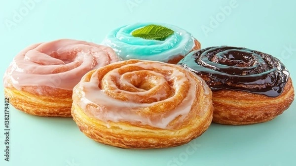 Fototapeta Colorful glazed pastries arranged on a pastel background, featuring unique flavors and textures, appealing to dessert lovers.