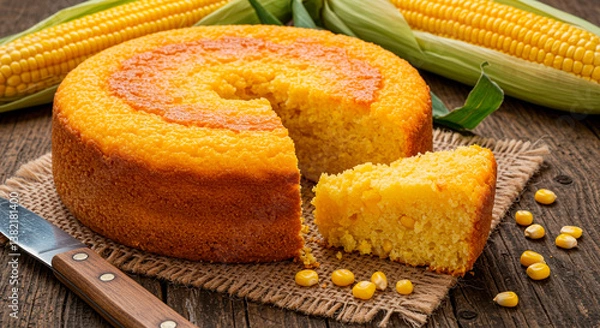 Fototapeta Golden corn cake surrounded by fresh corn on the cob; a slice is cut, revealing the moist texture. The scene evokes rustic charm.