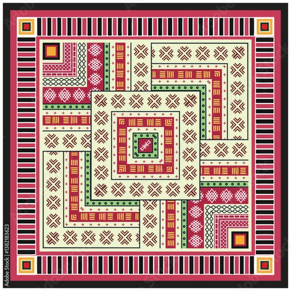Fototapeta Colorful geometric pattern featuring layered squares, intricate designs in red, green, and cream, with bold black and pink borders.