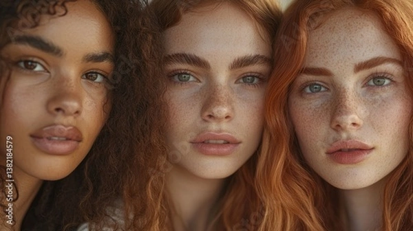Fototapeta Close-up portrait of a group of multicultural women with natural beauty, radiant dewy skin, embracing diversity, soft pastel backgrounds