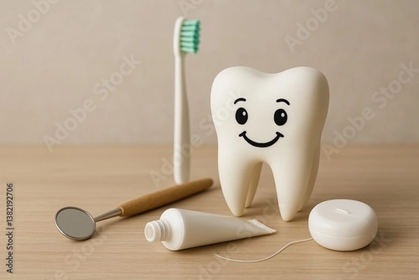 Obraz Figura de diente feliz con utensilios de higiene bucal sobre superficie de madera, imagen educativa sobre salud dental