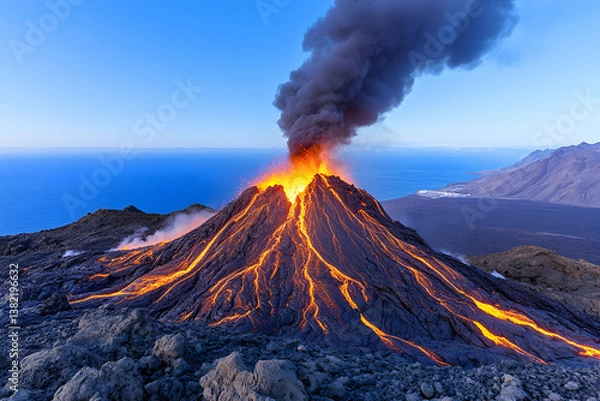 Fototapeta Erupting volcano spewing lava and smoke over ocean at dawn