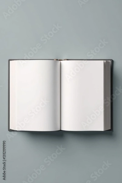 Fototapeta A blank book with its cover opened and laying flat on a grey background, clean lines, exposed pages
