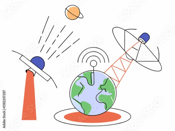 Fototapeta 3D illustration of a globe with a map and global communication symbols
