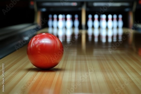 Obraz Red bowling ball rolling toward pins on lane	