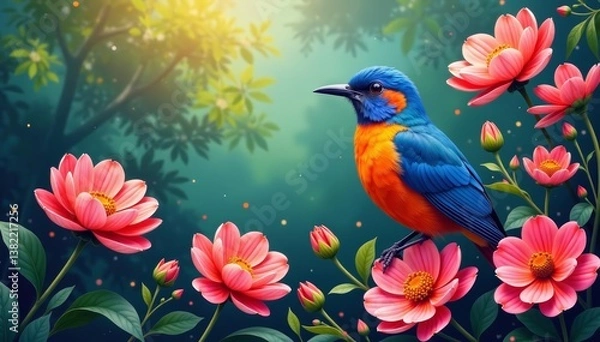 Fototapeta Colorful bird surrounded by blooming flowers, abstract artwork, vector, flowers, nature