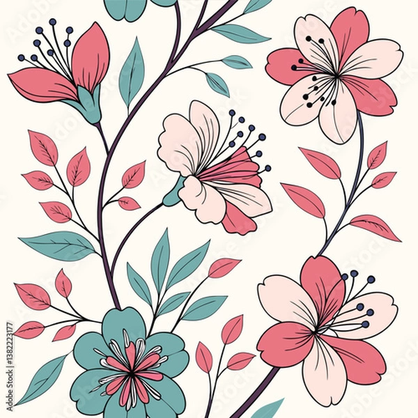 Fototapeta seamless flower pattern, pattern, background, flower, flower background, pattern design, Line geometric seamless pattern. raster copy illustration. Ethnic floral ornament. For interior design, 
