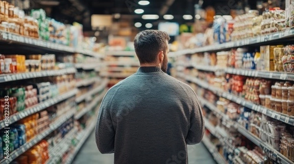 Fototapeta A man navigating the aisles of a grocery store looking at items on the shelves