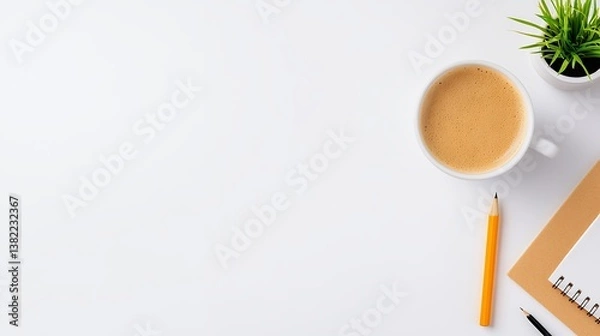 Fototapeta White Desk Workspace With Coffee Cup Notepad And Pencil