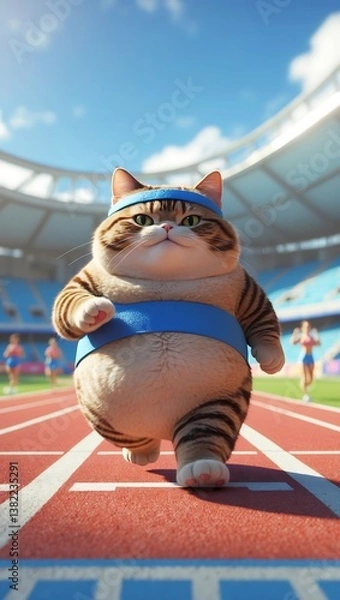 Fototapeta A very fat cat jogging in place, looking extremely serious and determined while exercising