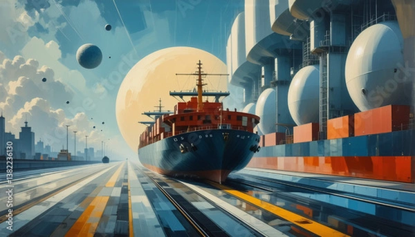 Fototapeta A large cargo vessel is docked at a futuristic port with spherical storage tanks and shipping containers, set against a stylized cityscape and celestial sky.