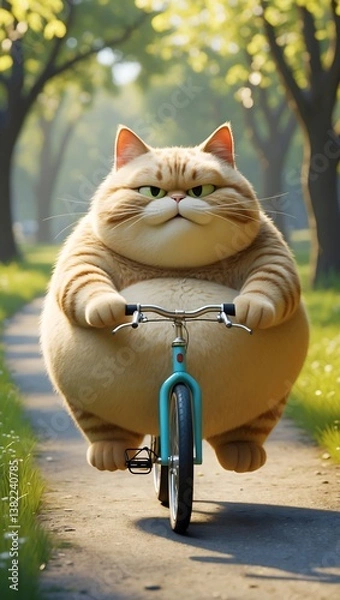 Fototapeta A very fat cat riding a small bicycle, looking extremely serious and determined while exercising