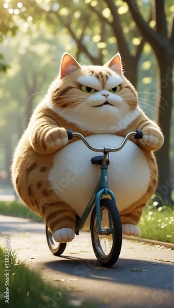 Fototapeta A very fat cat riding a small bicycle, looking extremely serious and determined while exercising