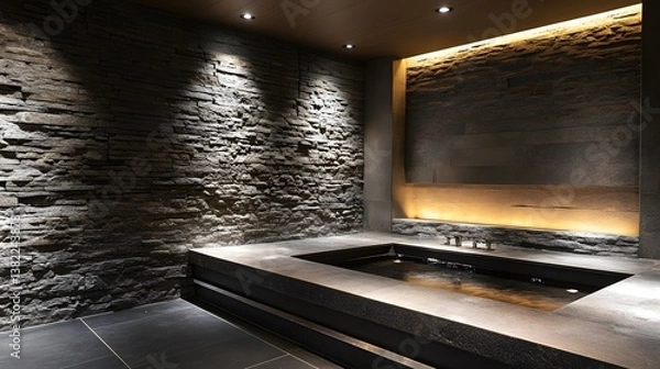 Fototapeta Spa-inspired minimalist bathroom with stone-textured walls, recessed ambient lighting, and a sunken soaking tub for ultimate relaxation.