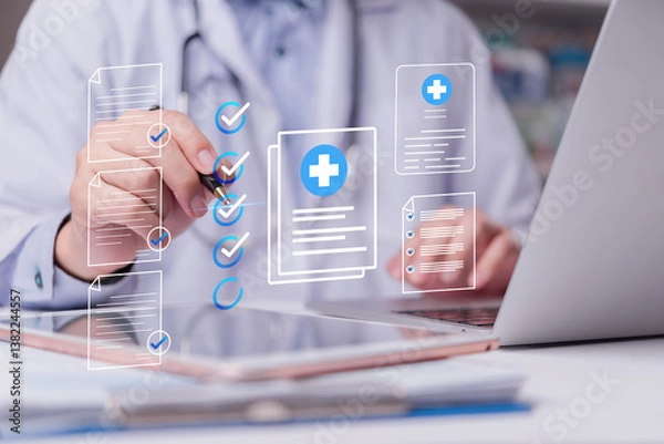 Fototapeta Online medical checklist and documentation system in use by doctor, concept of smart healthcare. physician assessment expert checks patient care quality, hospital assessment of treatment
