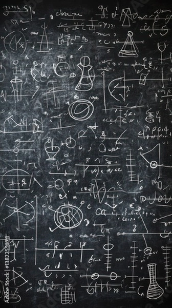 Fototapeta A chalkboard surface is covered with complex mathematical equations and drawings