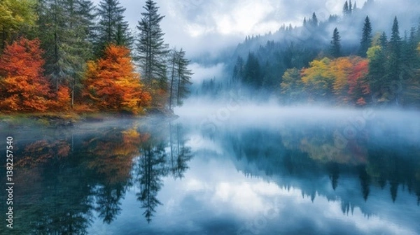Fototapeta A mystical misty lake surrounded by trees