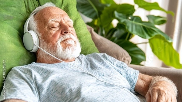 Fototapeta Relaxed Senior Man Listening To Music At Home